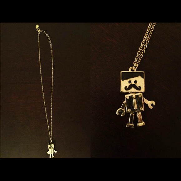 Gold Plated Black Moustache Robot Necklace - Picture 2 of 2